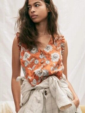 Madewell Linen Blend Rust Floral Button-Front Sleeveless Top Size 0